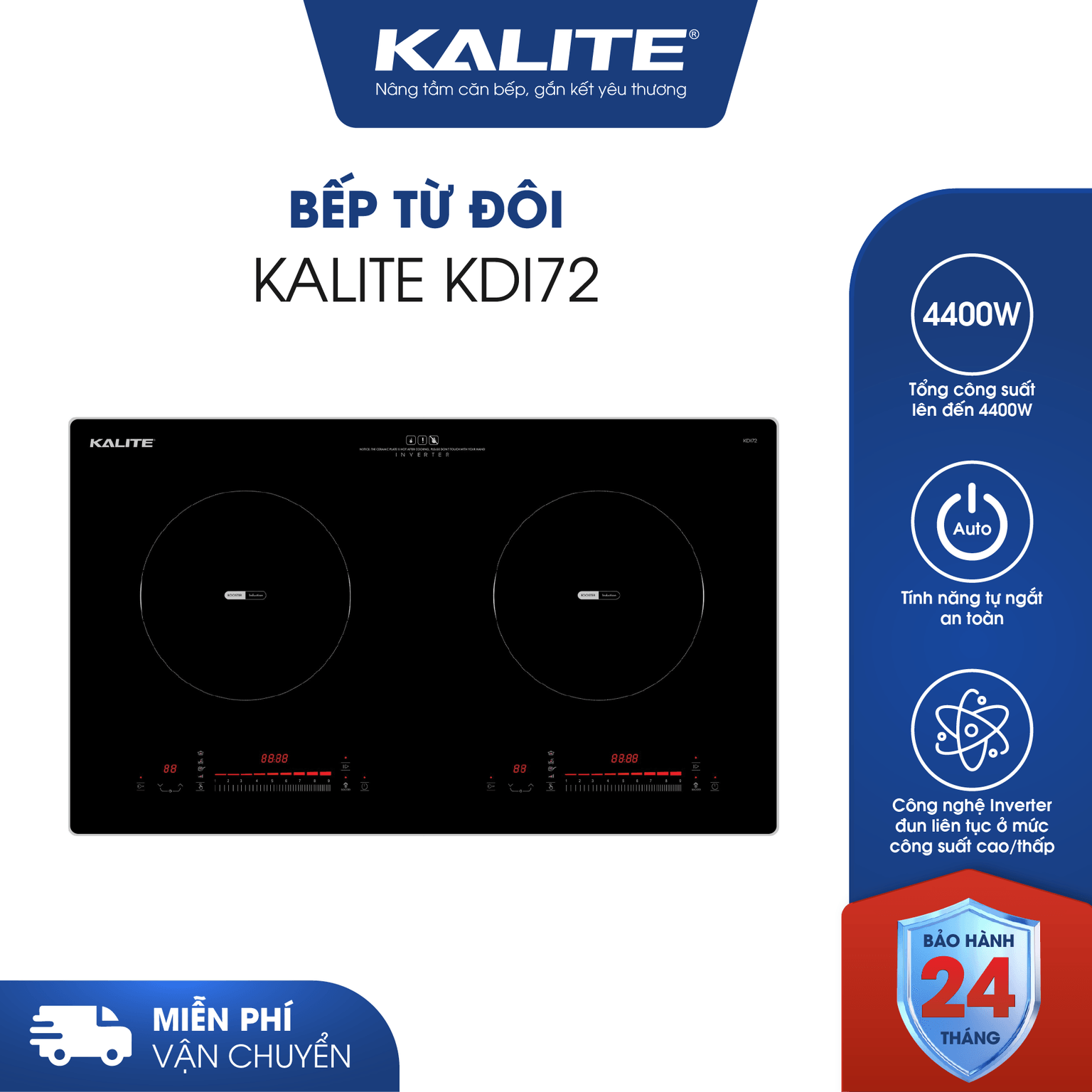 Bếp từ đôi KALITE KDI72 mặt kính sang trọng an toàn dễ vệ sinh