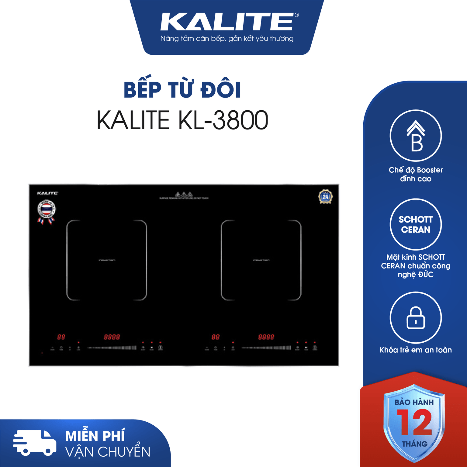 Bếp từ đôi KALITE KL-3800 thiết kế sang trọng, chuẩn châu Âu