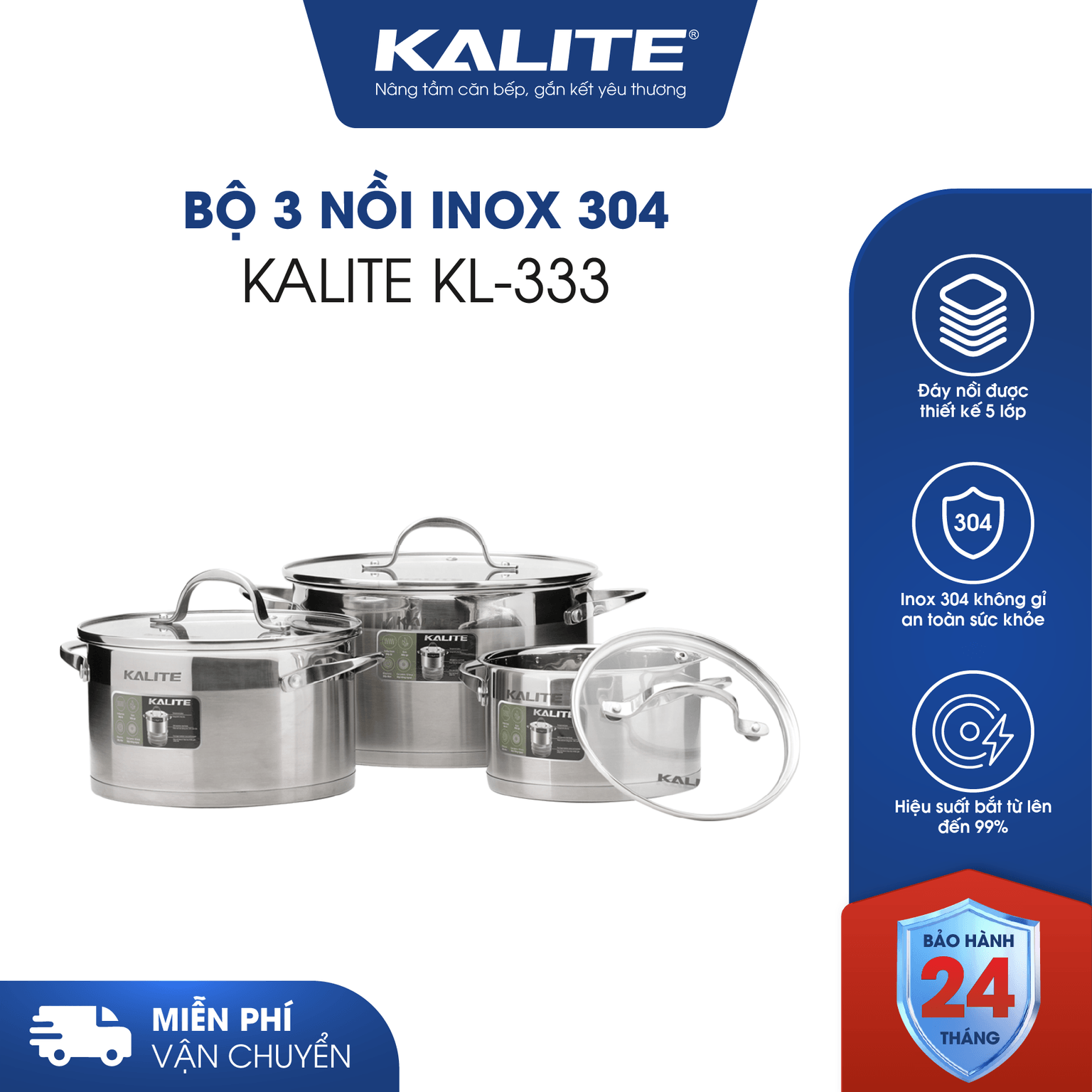 Bộ 3 nồi inox 304 KALITE KL-333 cao cấp đáy 5 lớp