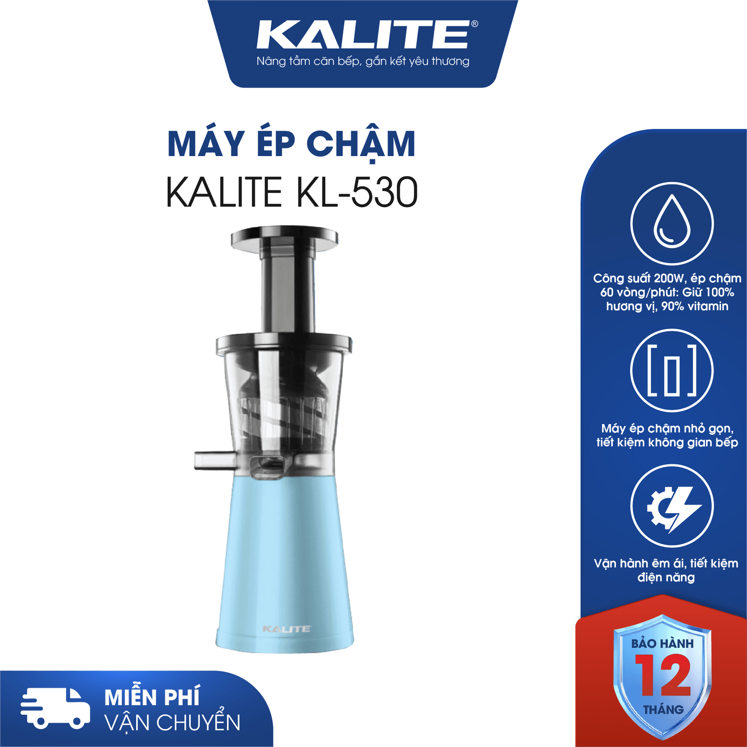 Máy ép chậm KALITE KL-530 nhỏ gọn, kiệt bã, êm ái