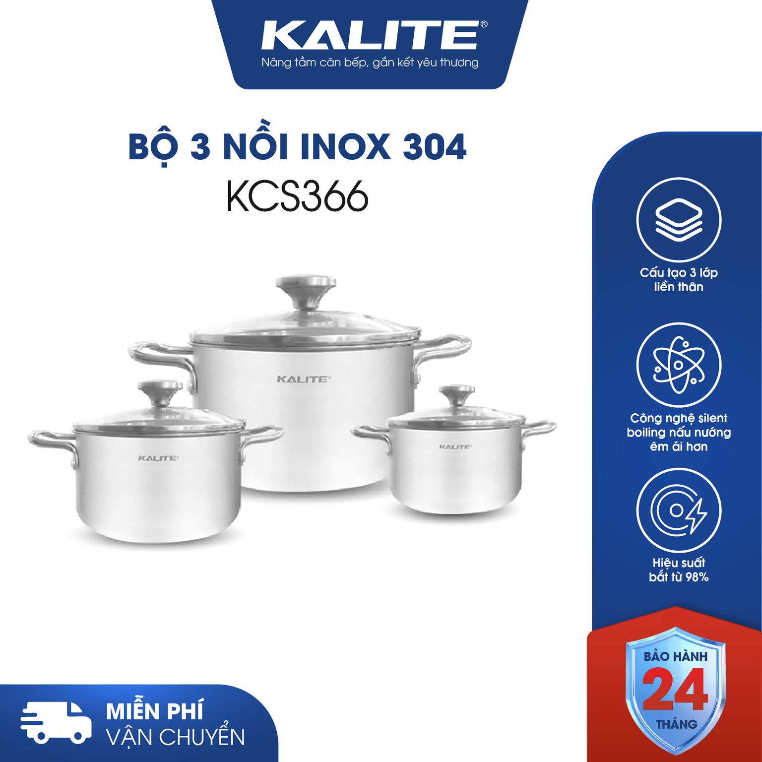 Bộ 3 nồi inox liền khối KALITE KCS366 - Bộ 3 size 18-20-24cm