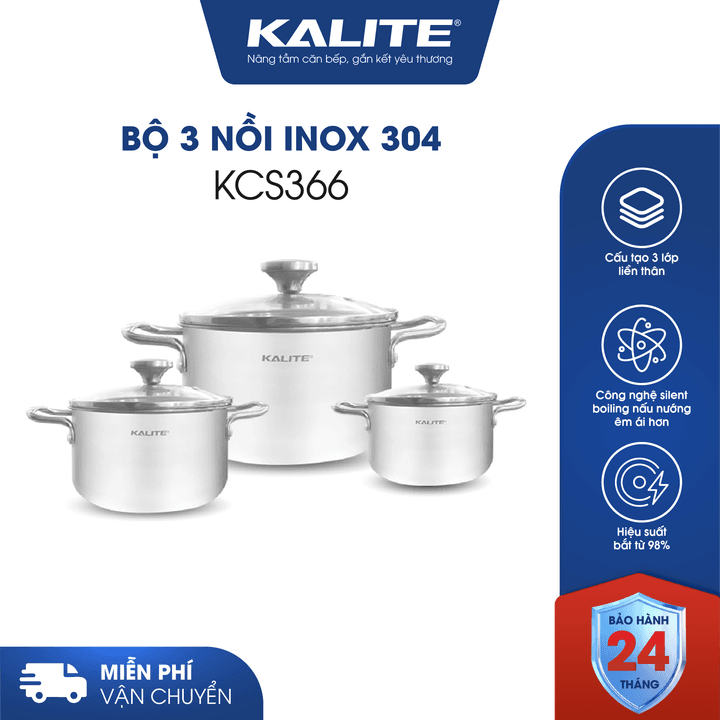 Bộ 3 nồi inox liền khối KALITE KCS366 - Bộ 3 size 18-20-24cm